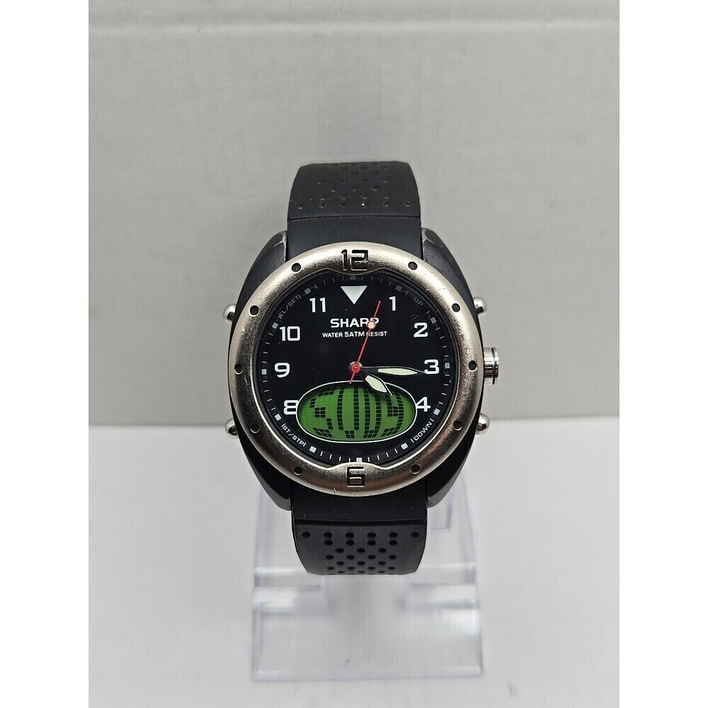 Sharp Analog Digital Quartz Sport Watch 5 ATM Black Rubber Band New Battery Mens